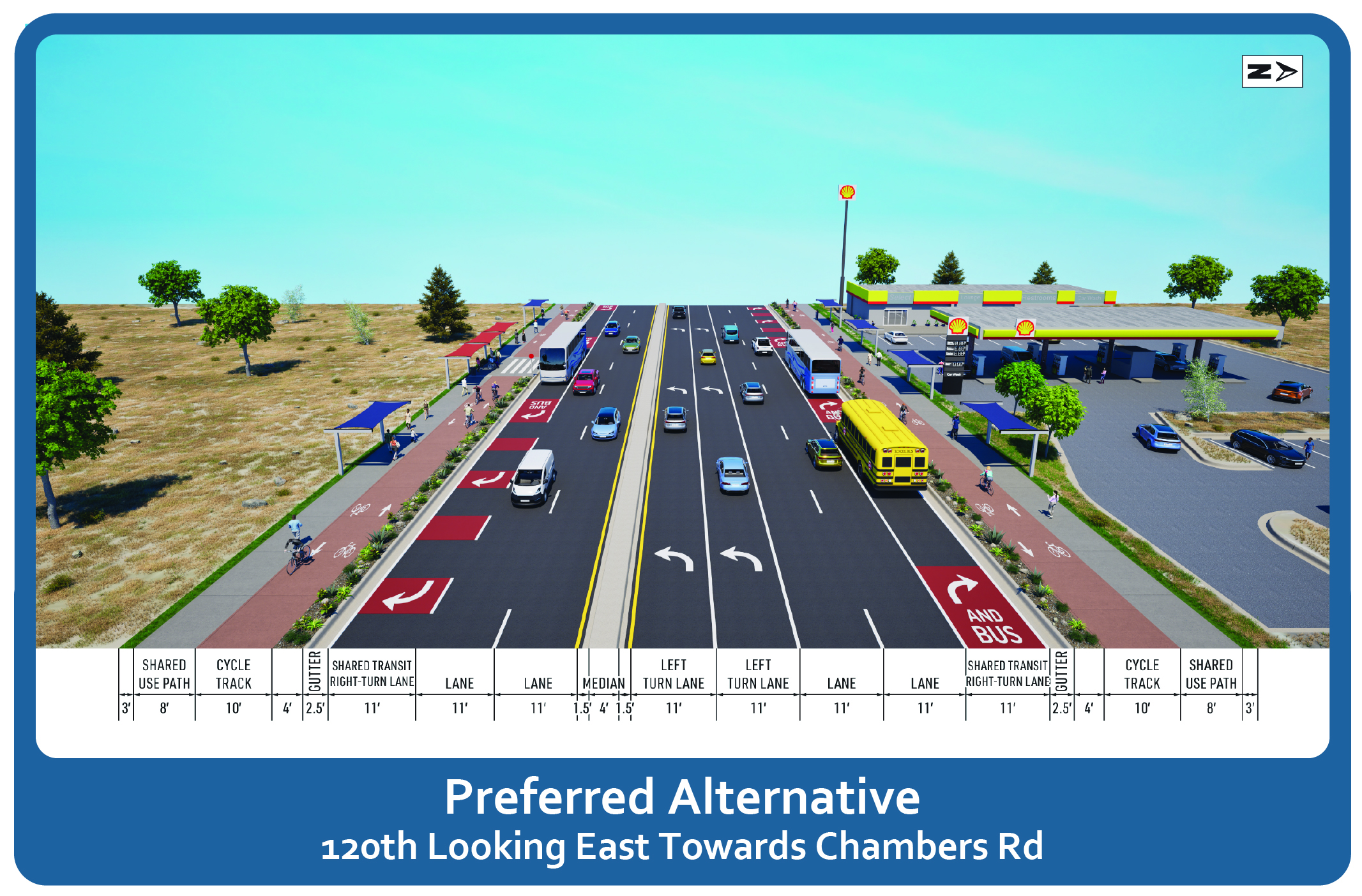 Preferred Alternative road design with multiple lanes, bus lanes, and cycle tracks. Text: "Preferred Alternative 120th Looking East Towards Chambers Rd"