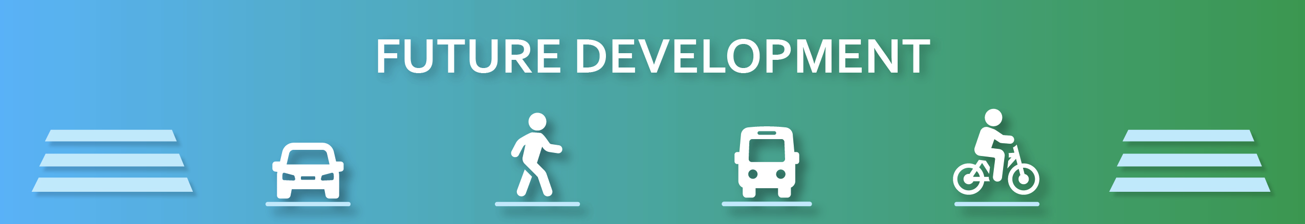 Future Development banner with icons of car, pedestrian, bus, bicyclist on blue-green gradient背景