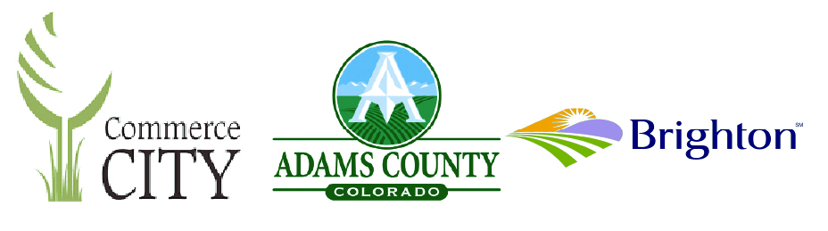 Commerce City logo with leaf symbol, Adams County Colorado logo with mountain, Brighton logo with colorful landscape design