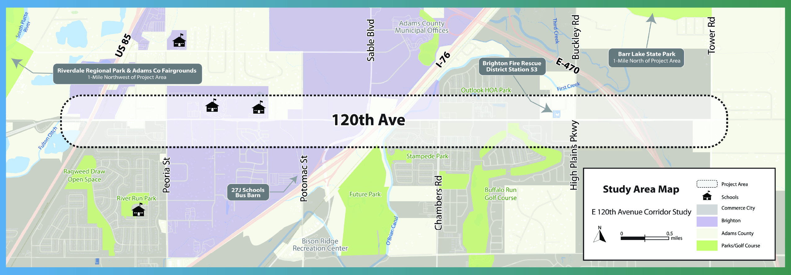 Map of E 120th Avenue Corridor Study area with landmarks, parks, and schools highlighted.