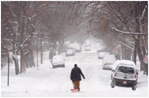 Person shoveling snow on a tree-lined street during a winter storm.