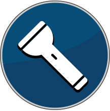 A white flashlight icon on a blue circular background