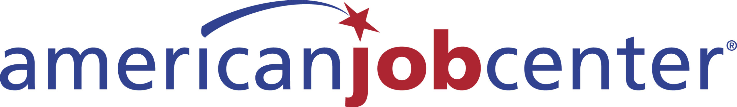American Job Center logo, blue and red text with a red star and swoosh