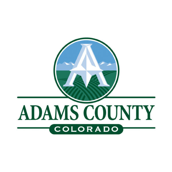 Adams County logo, stylized "A" over fields and mountains, with text "Adams County Colorado"