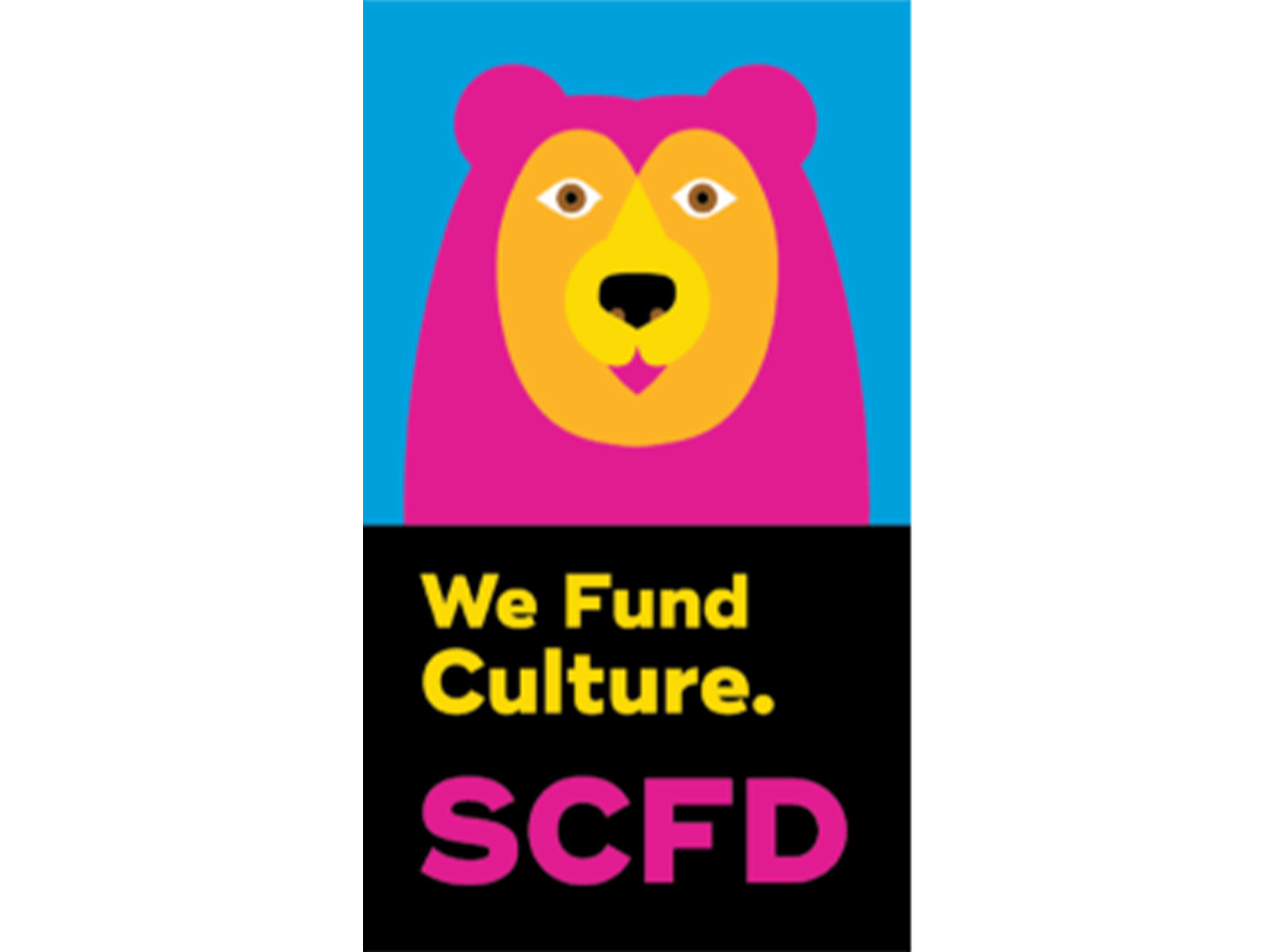 Colorful bear graphic above text: "We Fund Culture. SCFD" in yellow and pink.