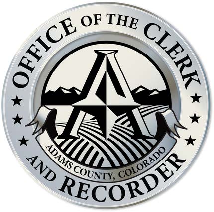 Seal of the Office of the Clerk and Recorder, Adams County, Colorado, featuring mountains and fields.