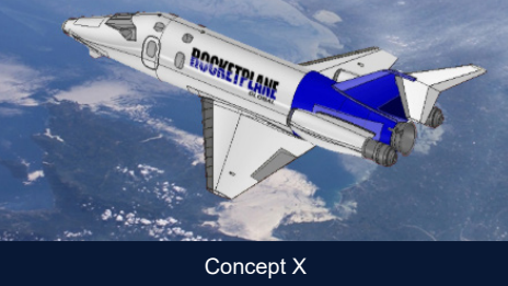 Rocketplane in space with text "Concept X" and "ROCKETPLANE" on the vehicle.