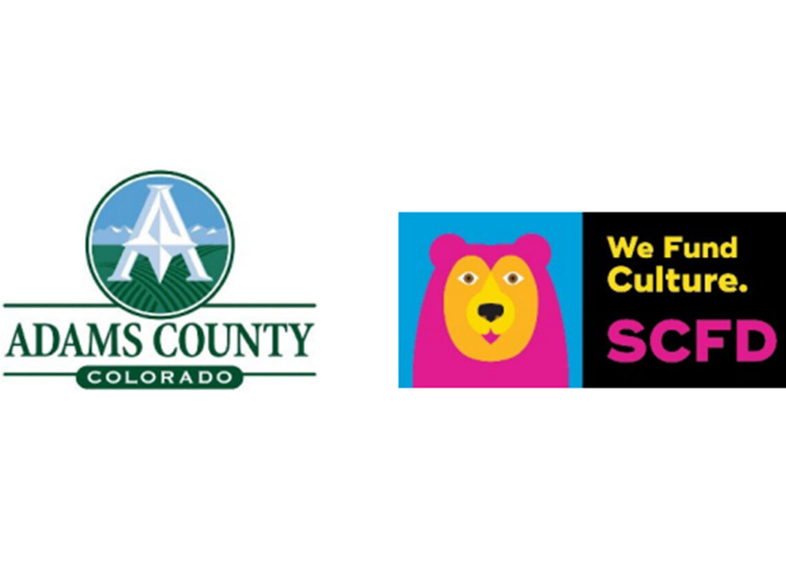 Adams County Colorado logo and SCFD logo with bear illustration and text "We Fund Culture."