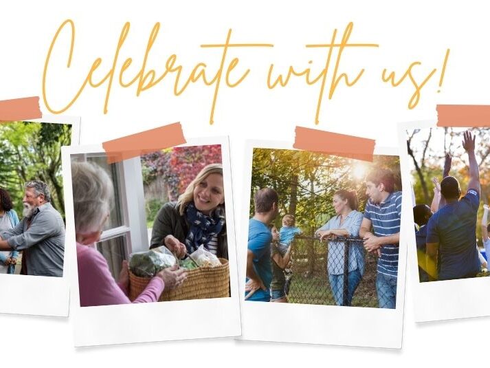 "Celebrate with us" in script above four photos of neighbors connecting. National Good Neighbor Day logo. Nationalgoodneighborday.org.