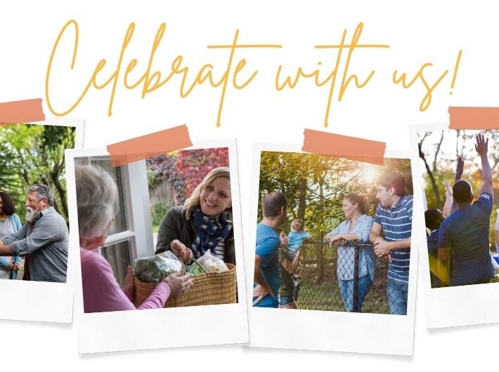 "Celebrate with us" in script above four photos of neighbors connecting. National Good Neighbor Day logo. Nationalgoodneighborday.org.