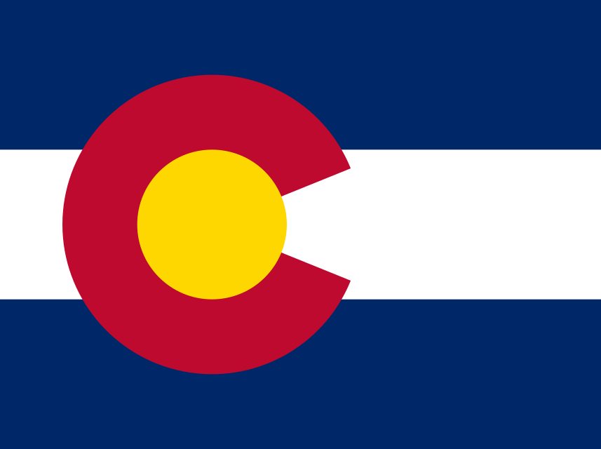 Colorado flag with blue, white horizontal stripes and red "C" with yellow circle