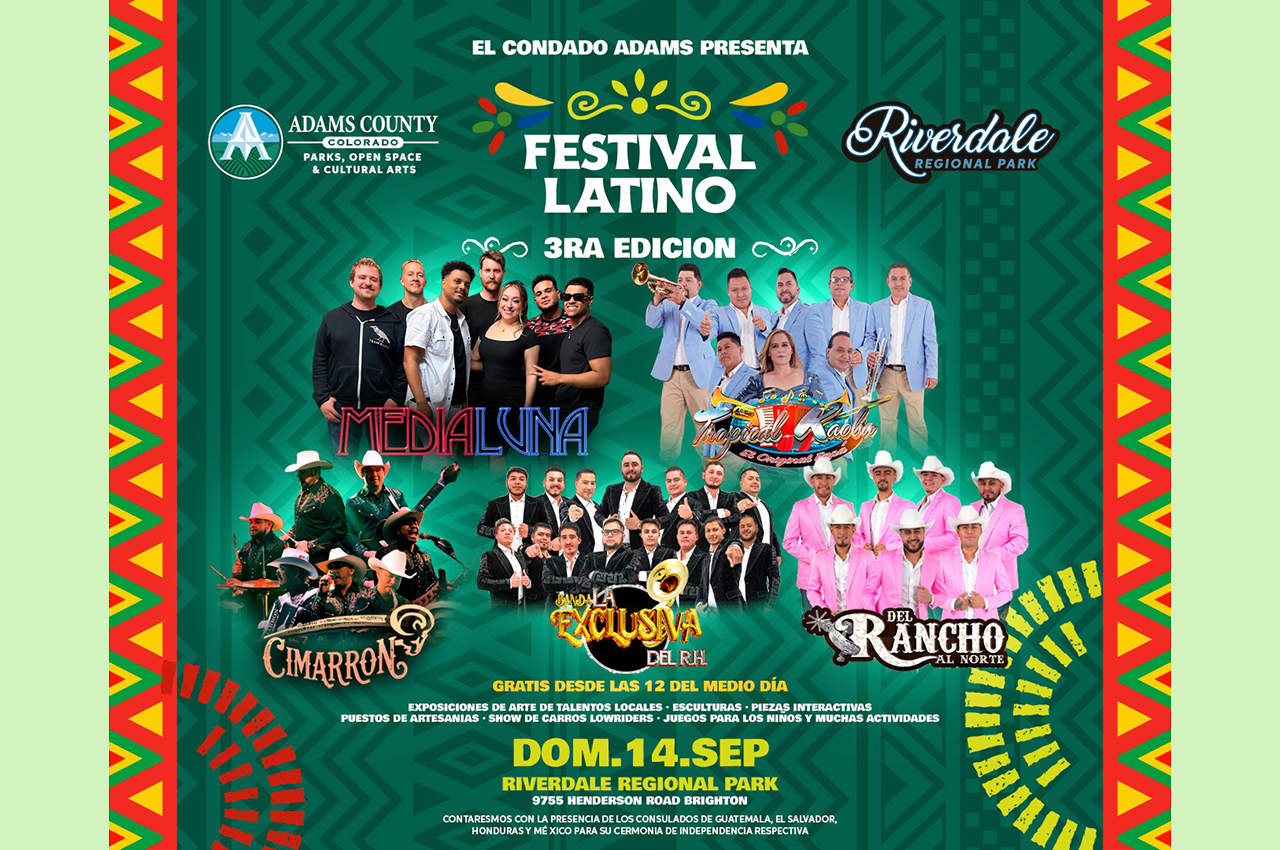 Adams County presents Festival Latino 3ra Edición at Riverdale Park. Bands include Medialuna, Cimarron, La Exclusiva. Free entry, activities, and art displays on Sunday, 14th September.