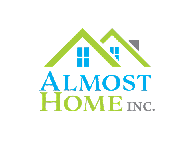 Almost Home Inc. logo, green rooftops above blue and green text.