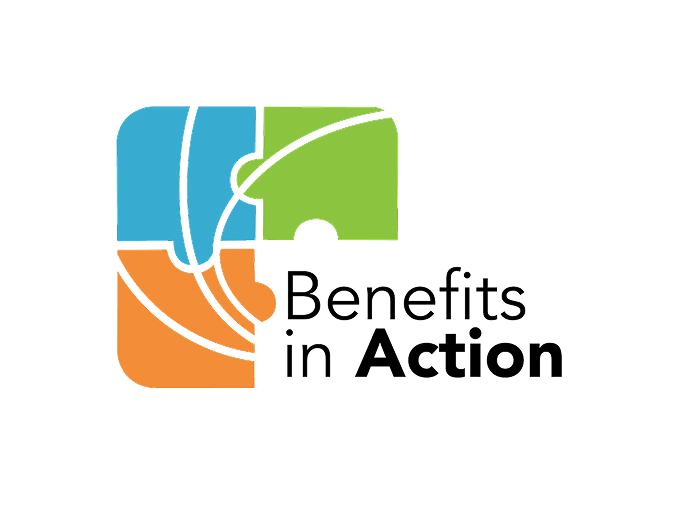 Benefits in Action logo, colorful puzzle pieces with dynamic lines.