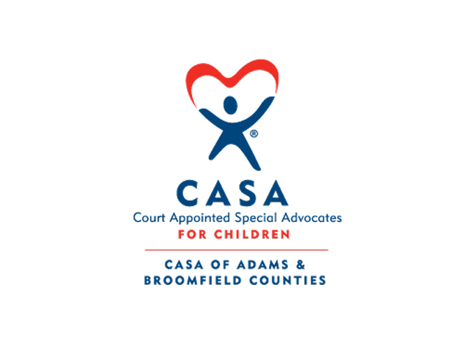 CASA logo with heart and figure, text: "Court Appointed Special Advocates for Children, CASA of Adams & Broomfield Counties"