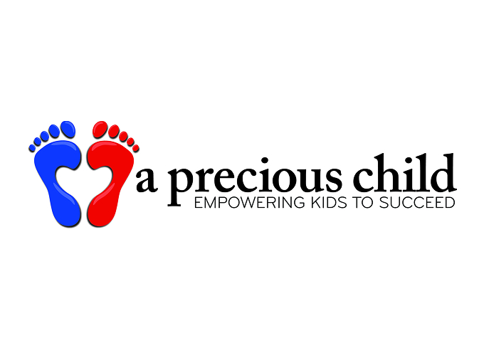 A Precious Child logo with blue and red footprints, text: "Empowering Kids to Succeed"