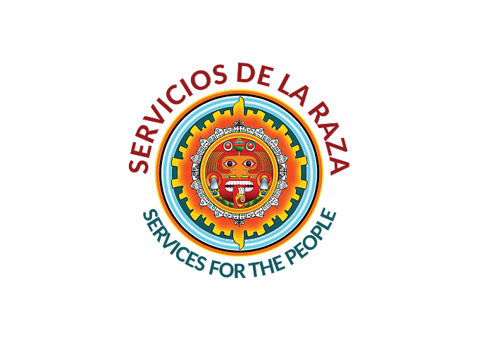 Servicios De La Raza logo featuring an Aztec-inspired design with text "SERVICIOS DE LA RAZA" and "SERVICES FOR THE PEOPLE"